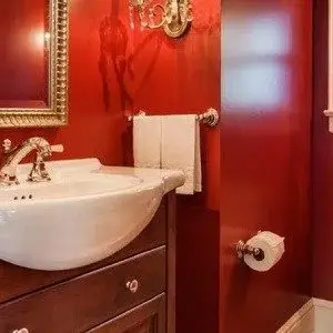 Bold red bathroom paint color, Buckhead