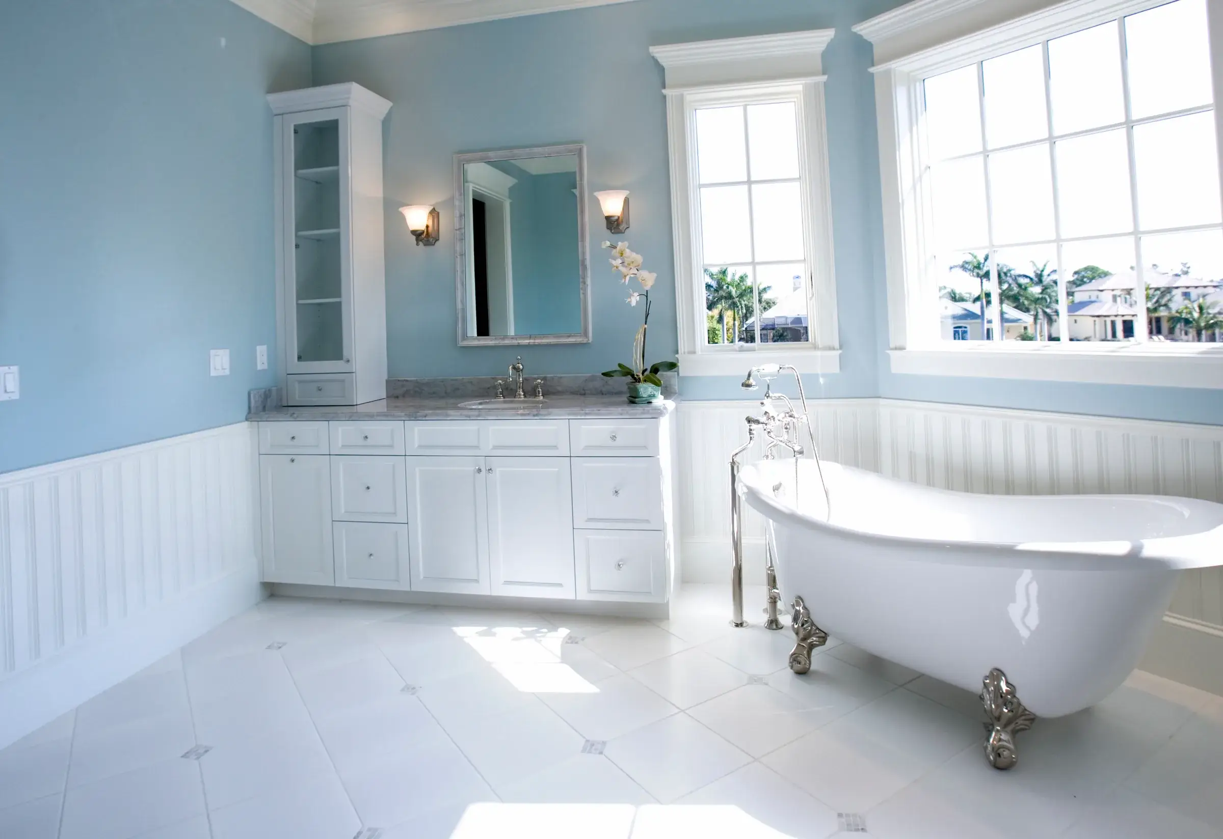 Sky blue and white bathroom makeover