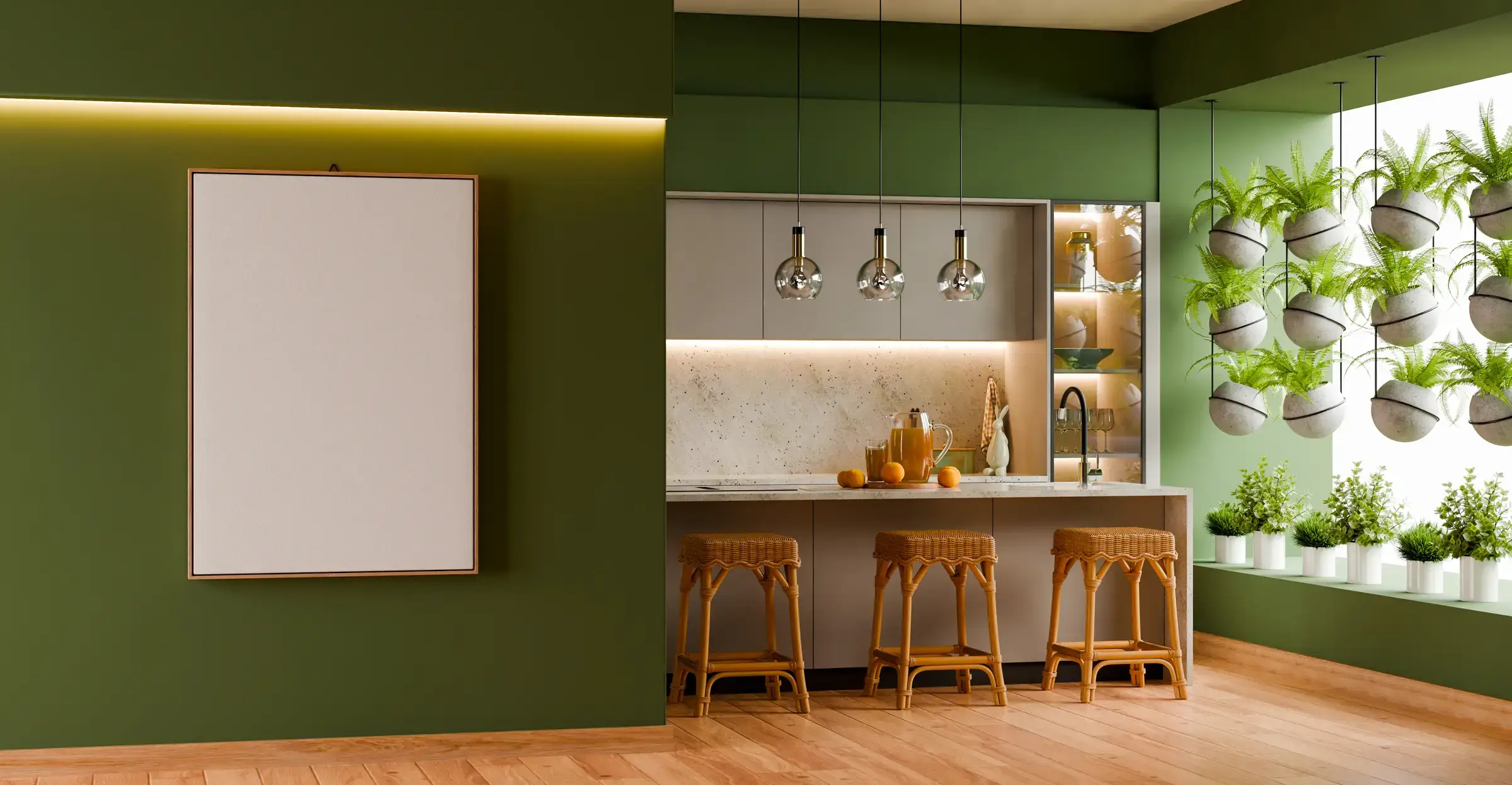 Kitchen with deep green walls, taupe cabinets and natural wood tones