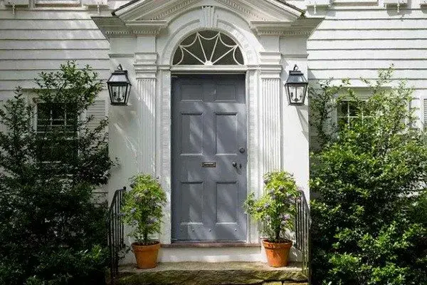 Colonial-Exterior Paint-White house with gray door-Buckhead-Kimberly Painting-600x400