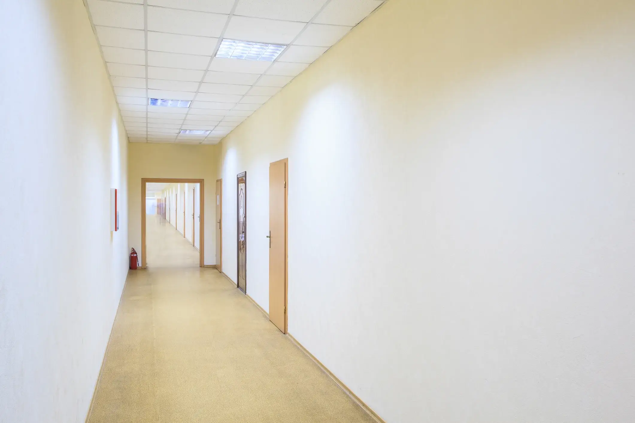 An empty office corridor with painted walls