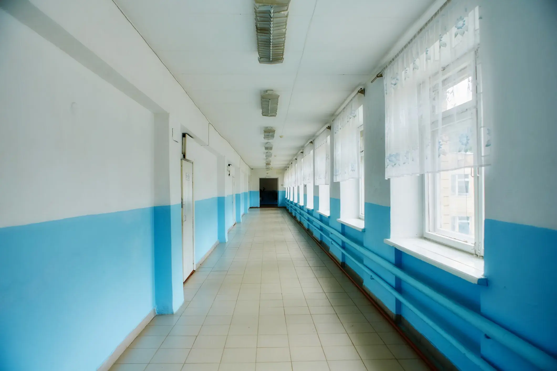 A school corridor painted blue