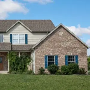 Exterior Paint Colors -Tan Brick with Blue Accent -north Atlanta