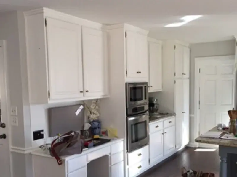 Light oak cabinets painted white and sea blue, after