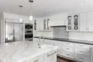 Gorgeous White Kitchen Cabinets Gray Backsplash Black Countertops - cost to paint kitchen cabinets