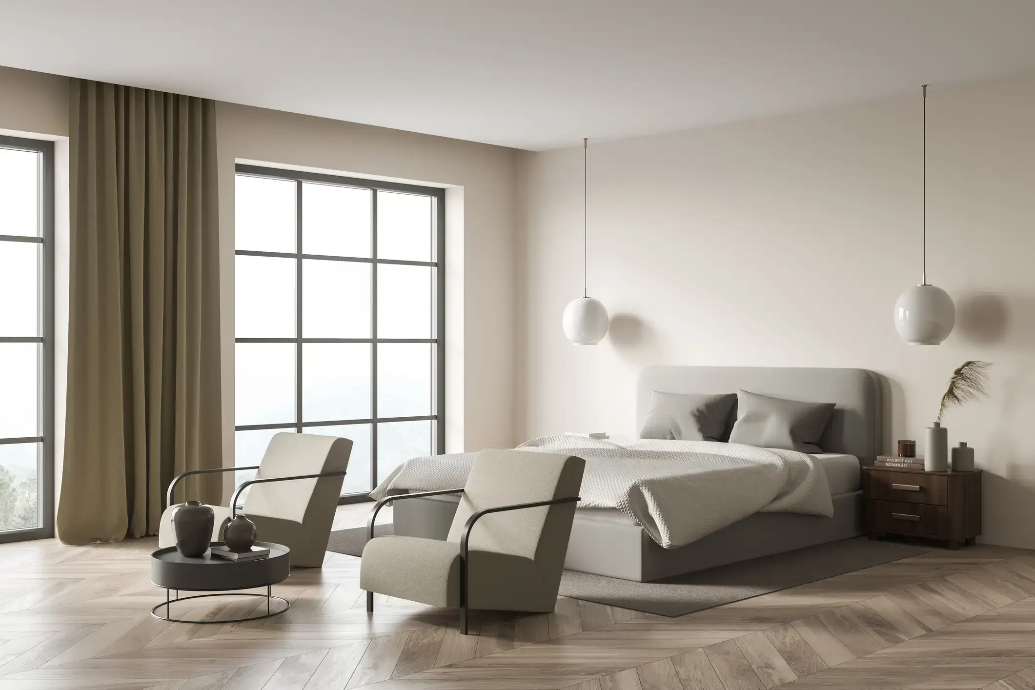 Bedroom walls in warm greige with olive curtains and a herringbone wood floor