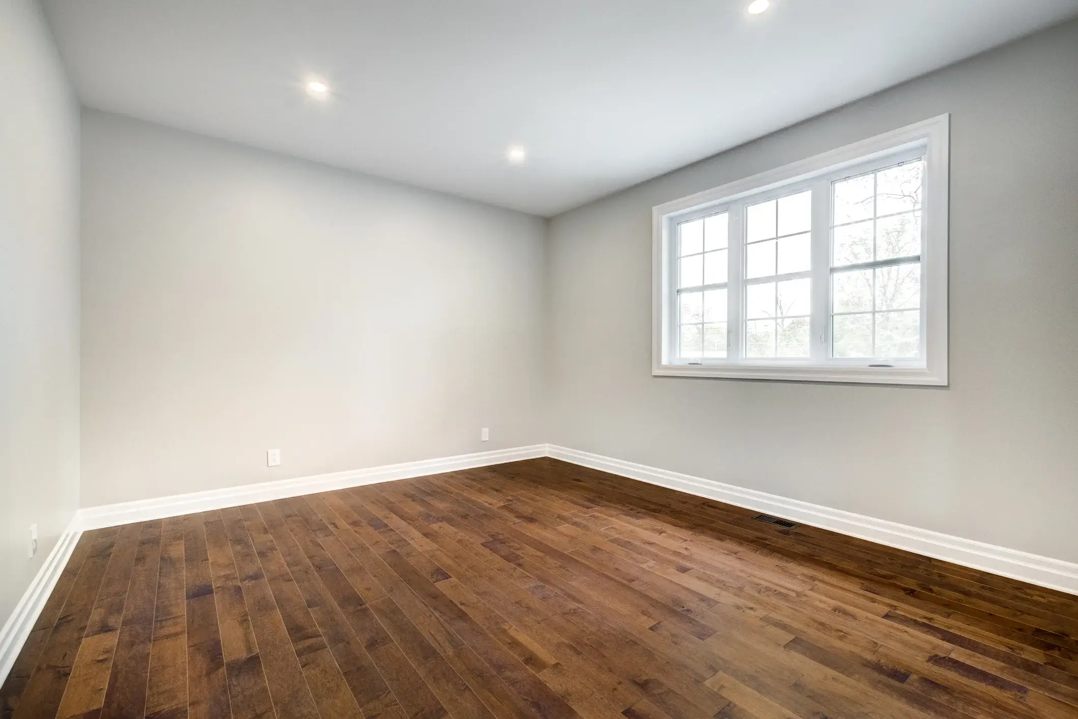Gray living room walls with white crown molding