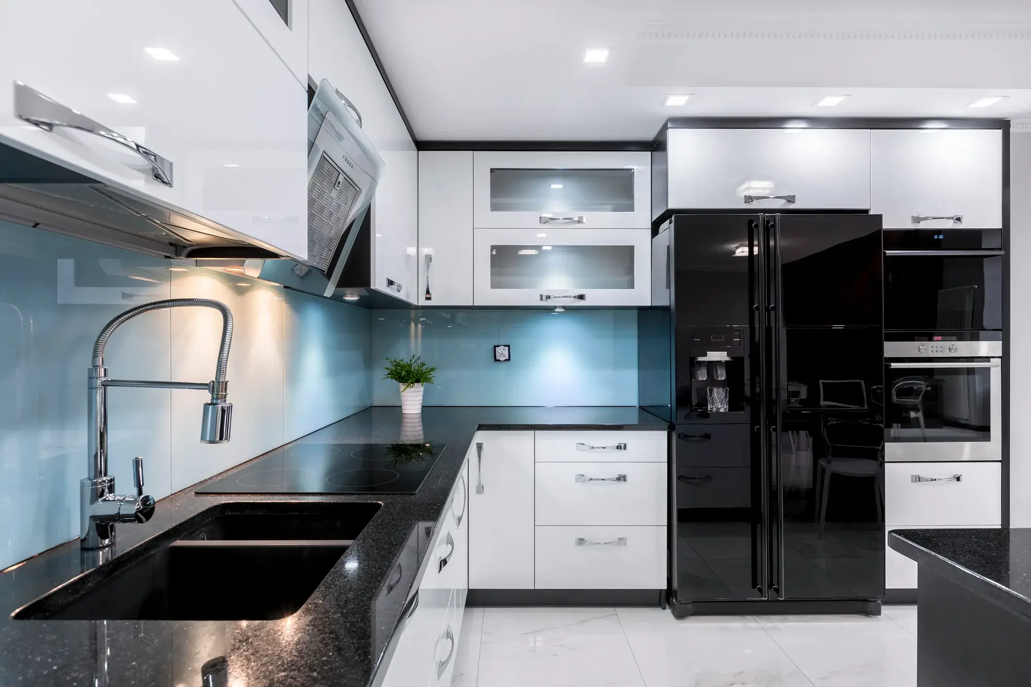 White painted kitchen cabinets with a black refrigerator, Cumming, Georgia