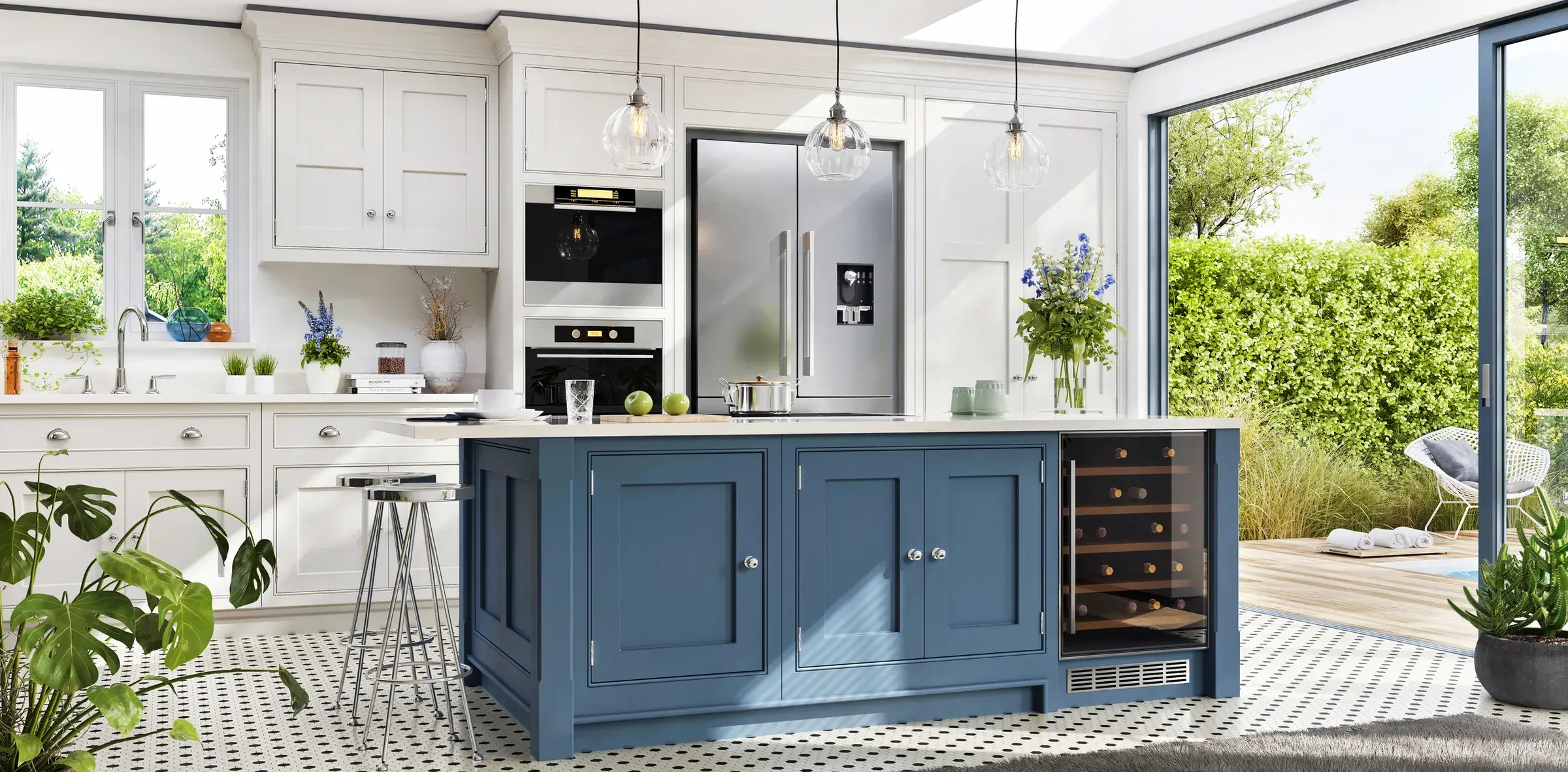 White and gray kitchen with a dark blue island