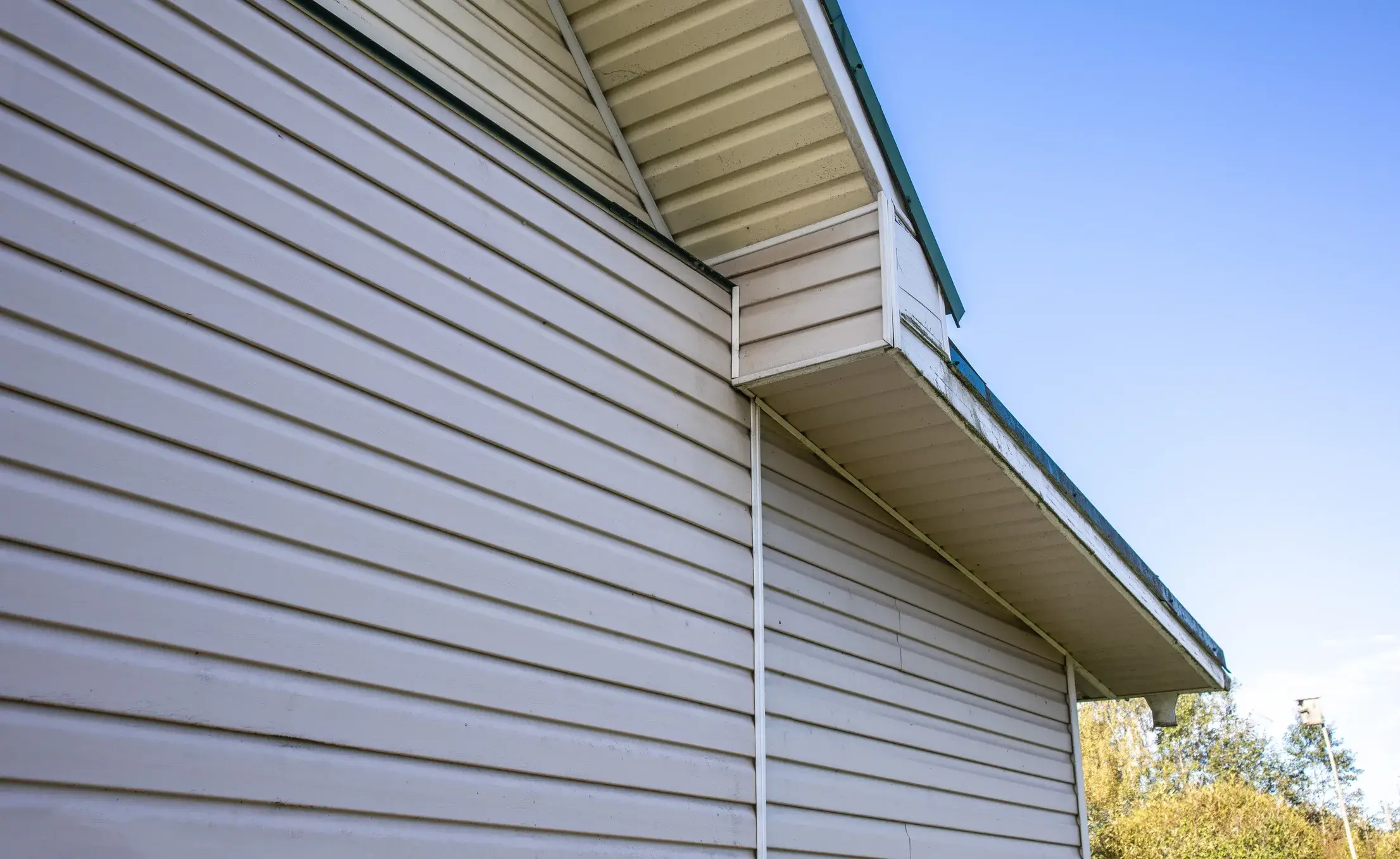 White vinyl siding and soffit on a house exterior