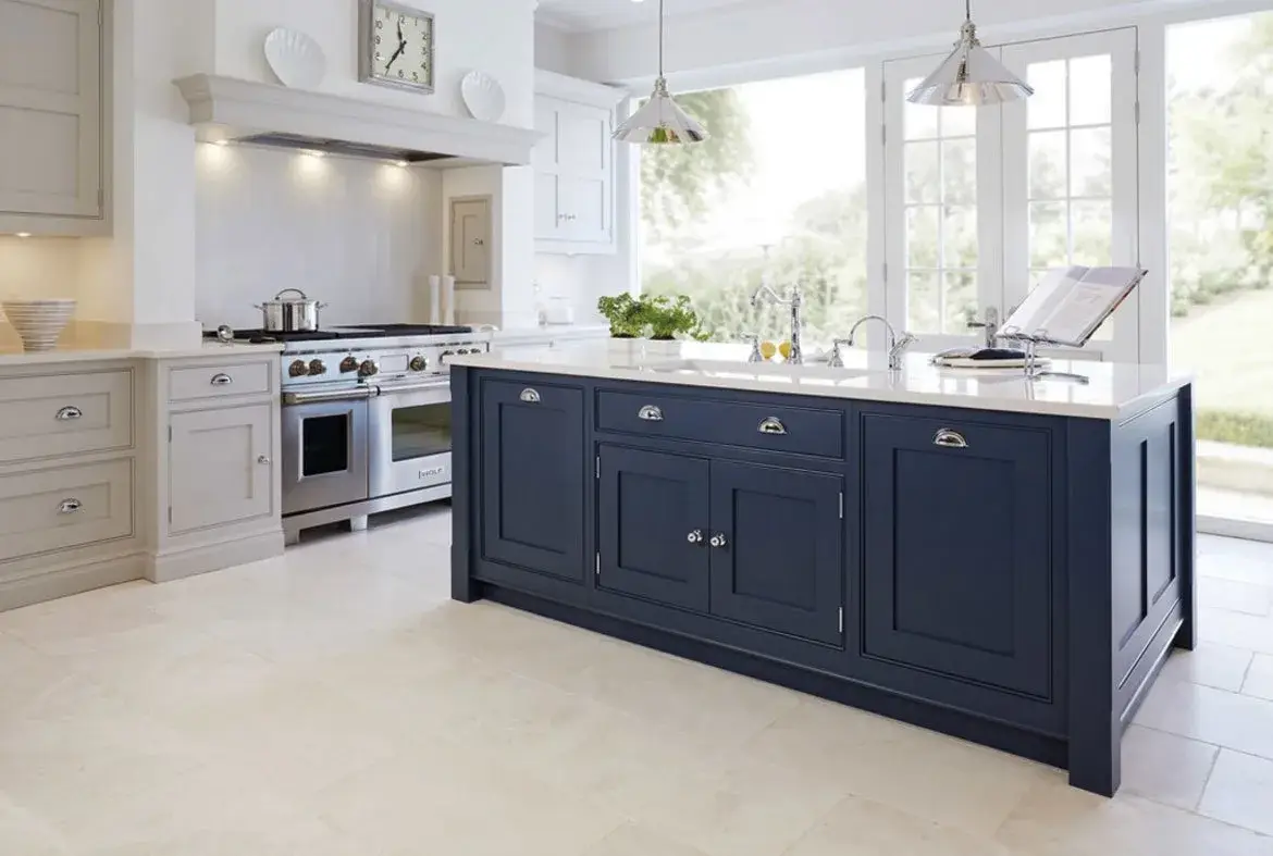 White Gray Kitchen - Dark Blue Island - Cost to paint kitchen cabinets