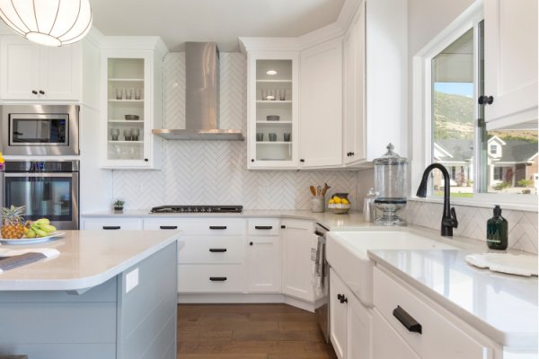 White Kitchen Updates-White Cabinets Black Hardware-Kimberly Painting-600x400